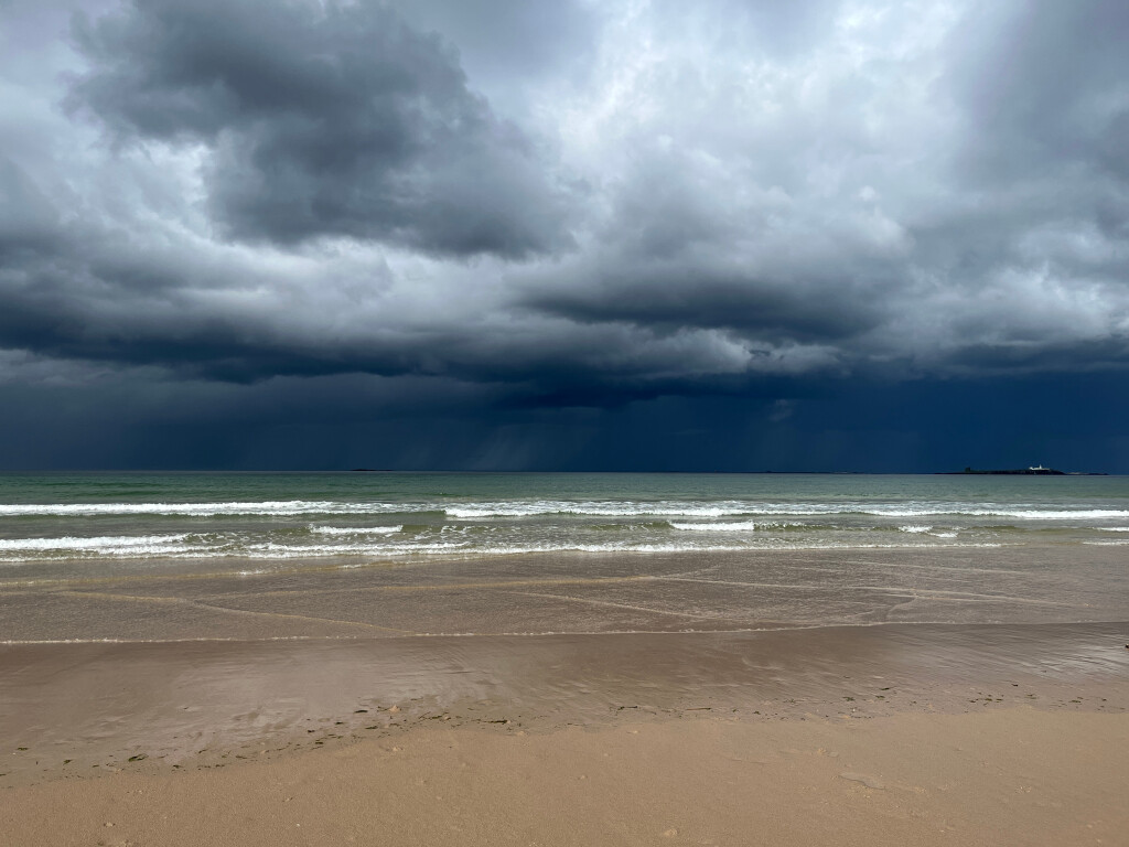 Storm out to Sea and Farne Islands, from Beach Near Bamburgh, Northumberland